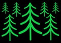 A simple simplified outline green symbol shapes of a pine trees all black backdrop