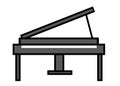 A simple simplified outline shape of a dark grey grand piano white backdrop