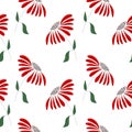 Simple single red flower pattern with green leafs on white background