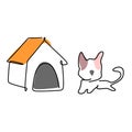 Simple single line drawing of a dog next to kennel. Design for company logo identity. Cute dog mascot concept design for friendly