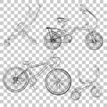 Simple sketch of baby stroller, tricycle, folding and mountain bike at transparent effect background