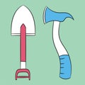 Simple sketch of fire shovel and ax vector illustration