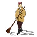 A simple sketch of a janitor of a street that hits the broom.