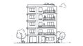 Hand-drawn sketch of a multi-story apartment building with balconies and trees Royalty Free Stock Photo