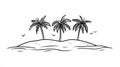 Tropical Island Paradise with Palm Trees and Ocean Waves - Black and White Sketch Royalty Free Stock Photo
