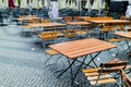 Simple slatted wooden tables and chairs