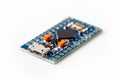 Simple small tiny microcontroller blue board macro extreme closeup, micro usb connection input hid human interface device