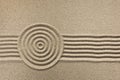 Simple spiritual patterns in a Japanese Zen Garden with concentric circles and parallel lines raked in sand