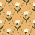 Simple spring seamless pattern with flower folk ornament. White botanic elements on orange background with green dots Royalty Free Stock Photo