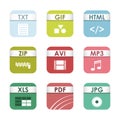 Simple square file types formats labels icon set presentation document symbol and audio extension graphic multimedia Royalty Free Stock Photo