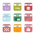 Simple square file types formats labels icon set presentation document symbol and audio extension graphic multimedia Royalty Free Stock Photo