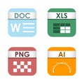 Simple square file types formats labels icon set presentation document symbol and audio extension graphic multimedia Royalty Free Stock Photo