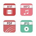 Simple square file types formats labels icon set presentation document symbol and audio extension graphic multimedia Royalty Free Stock Photo