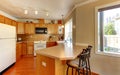 Simple standart American wood kitchen with hardwood floor.