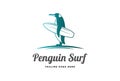 Simple Standing Penguin Mascot Character Cartoon hold Surf Board for Beach Surf Sport Club Competition Logo Design Vector Royalty Free Stock Photo