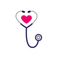 Simple stethoscope icon with heart shape. Health and medicine symbol. Isolated on white background. Vector illustration in flat