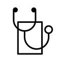 Simple stethoscope, minimal black and white outline icon. Flat vector illustration. Isolated on white.