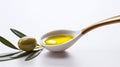 simple still life with spoon filled with olive oil and olives and leaves from olive tree as decortation