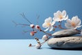 Simple stone and flowers scene on a light blue backdrop