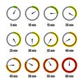 Simple stopwatch icons. Colorful chronometer, time counter with dial. Countdown timer showing hours and minutes