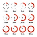 Simple stopwatch icons. Colorful chronometer, time counter with dial. Countdown timer showing hours and minutes
