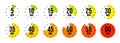 Simple stopwatch icons. Colorful chronometer, time counter with dial. Countdown timer showing hours and minutes