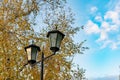 Simple street lights under the open sky. Black metal frame and dusty white glass