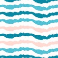 Simple striped pattern. Horizontal wavy lines on a white background. Summer sea print fabric. Blue, pink and turquoise colors.