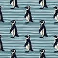 Simple style seamless arctic animal pattern with penguin ornament. Blue striped background. Zoo backrop