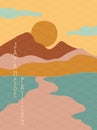 Simple stylised minimalist Japanese landscape in muted colors