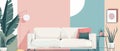 Simple stylish interior with pictures, plants, and pillows in a Scandinavian style. Modern hand drawn flat illustration Royalty Free Stock Photo