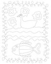 Simple stylized contour line drawing with duck, water and fish.