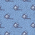 Simple stylized seamless pattern with purple watering can shapes. Garden tool silhouettes on blue dotted background