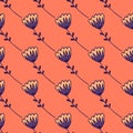 Simple stylized seamless pattern with tulip abstract figures. Blue flowers ornament on coral background