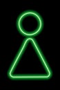 A simple stylized symbol of a woman. Female sign. Green neon outline on a black background. Sign women's toilet.