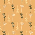 Simple summer abstract floral seamless pattern with dandelions. Orange background and green, white and yellow ornament. Stylized Royalty Free Stock Photo