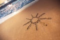 Simple sun drawing in the sand on the beach, sunrise shot Royalty Free Stock Photo