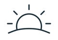 Simple sunset or sunrise icon in line art style. Sun with rays rising or going down over horizon line. Black and white
