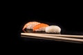 Simple sushi nigiri maki set isolated on black background. Various selection of traditional japanese Royalty Free Stock Photo