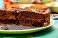 Simple sweet tasty homemade fresh flat brown chocholate cake with filling on a green plate on the table. Cross section