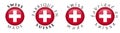 Simple Swiss made / French translation 3D button sign. Text around circle with flag of Switzerland. Decent and casual font Royalty Free Stock Photo