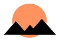 A simple symbolic shape drawing of a rising or setting sun over the silhouette of a mountain range landscape white backdrop Royalty Free Stock Photo