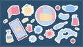 Simple symbols of coronavirus. Covid stickers in pastel colors. Elements for the internet and canva