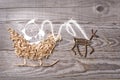 Simple symbols of Father Christmas sleigh arranged from sawdust and reindeer made from dry wooden sticks on wooden grey background