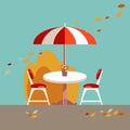 Simple table, umrella and chairs. Vector flat illustration. Picn