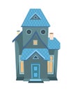 Simple tall cartoon house with a blue roof. Night. Cozy rustic dwelling in a traditional European style. Nice dark home Royalty Free Stock Photo