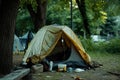 simple tent of houseless person in park, homeless tent camp on a city street Royalty Free Stock Photo