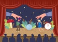 Simple theater puppet show, vector illustration. Performance marionettes actors on stage, large hands pulling threads Royalty Free Stock Photo