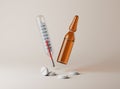 Simple thermometer, ampule and pills on floor 3d render illustration. Royalty Free Stock Photo