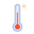 Simple thermometer with red hot temperature high scale and with sun vector illustration isolated in white background